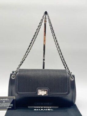 Chanel Shoulder Bag 2.55 Leather Black Chain with Turnlock Shield Card
